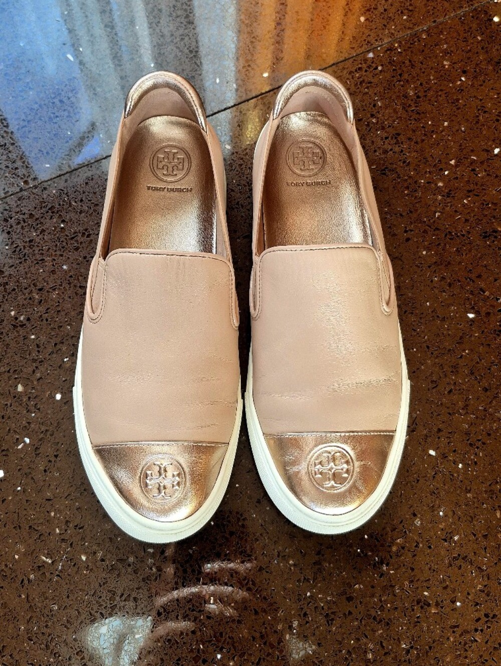 Tory Burch Blush Slip-On Sneakers with Metallic Rose Gold Caps